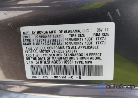 2012 Honda Odyssey Ex z USA, uszkodzony, nr VIN 5FNRL5H43CB116981